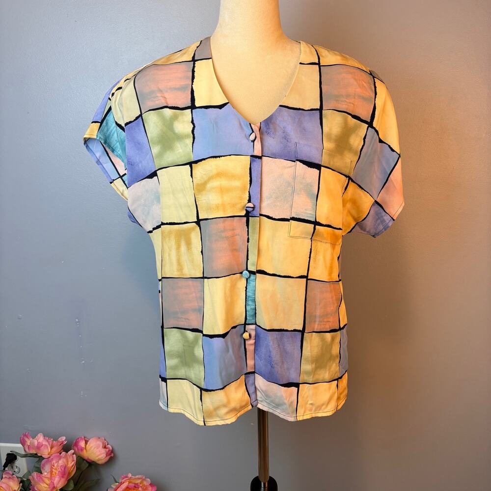 Vintage Le Caviar Artsy Pastel Blocked Button Up Blouse Women's Medium